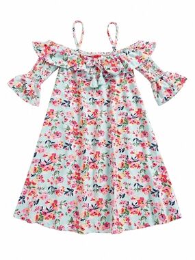 Girls Floral Off-Shoulder Casual Dress with Tassel Tie - Mint Pink